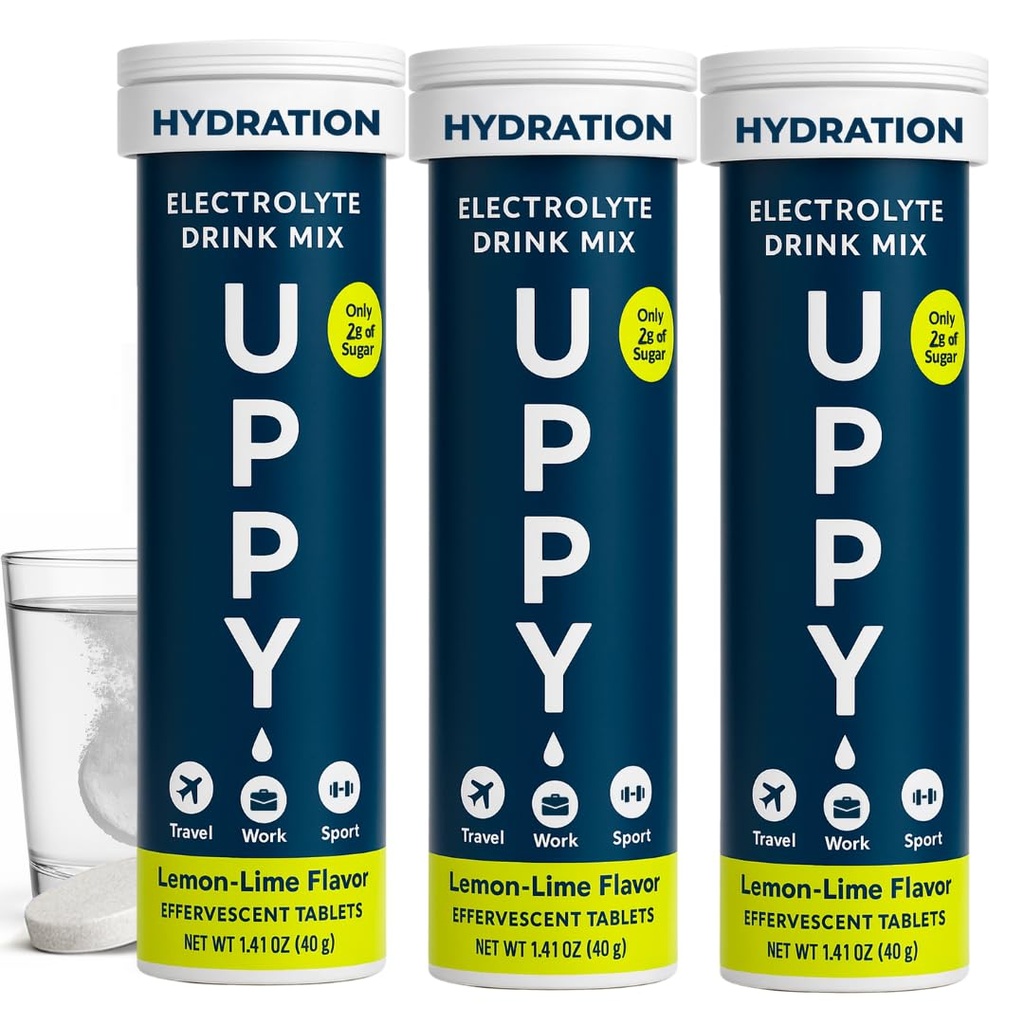 Uppy! Lemon-Lime Electrolyte Hydration Tablets – 30 Count (3x10) – Dissolves in Water for Rapid Rehydration – For Travel, Sports & Festivals – Portable Electrolyte Wellness Drink