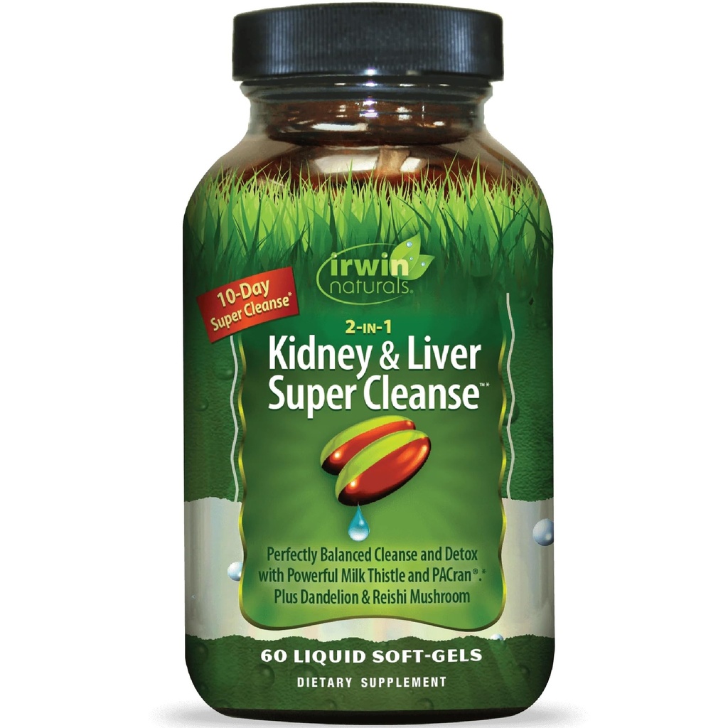 Irwin Naturals 2 en-1 Kidney &amp; Liver Super Cleanse - 60 Liquid Softgels - High-Powered, Whole-Body Support Formula with Fish Oil, Zinc, Magnesium, and Potassium