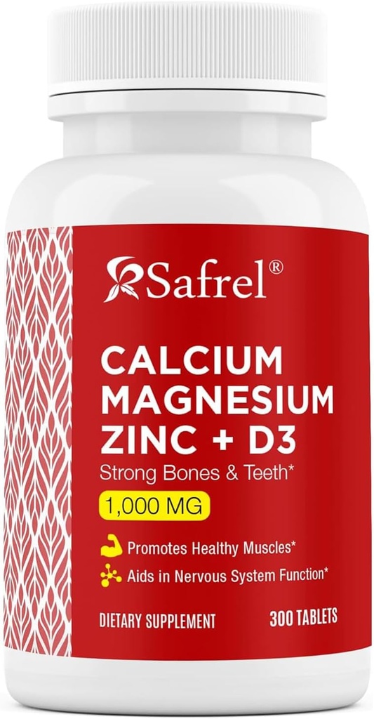 Safrel Calcio Magnesio Zinc con Vitamina D3, 300 Tabletas - Calcio 1000 mg, Magnesio 400 mg, Zinc 20 mg &amp; D3 600 UI por Serving