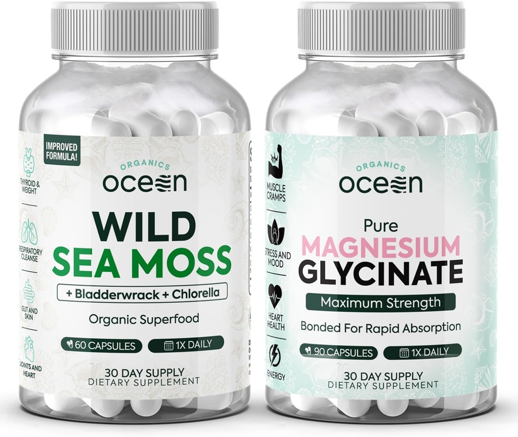 Organics Ocean Wild Sea Moss Capsules y Puro Magnesio Glycinate con Zinc - 100% Irlandés Sea Moss y Suplemento de Magnesio Chelated para Mujeres y Hombres - Tiroides, calambres musculares y soporte para el sueño