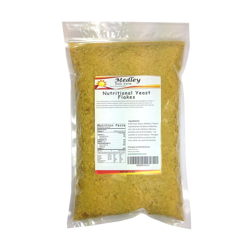 Levaduras Nutricionales 1 lb. Fortificada - Gluten Gratis - No GMO - Vegan - Apoyo vegetariano Fórmula Medley Hills Farm