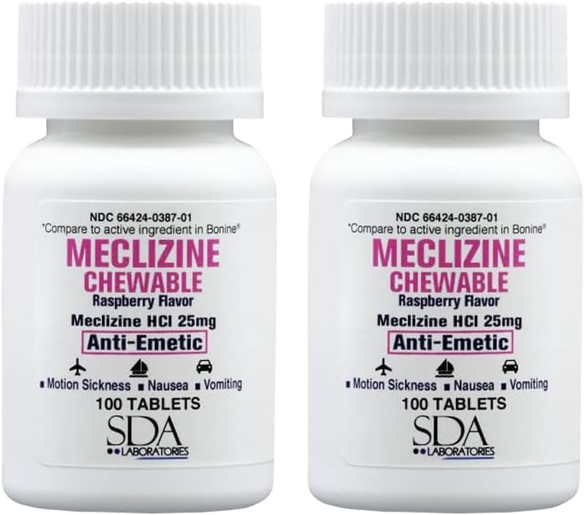 SDA LABORATORIES Meclizine 25mg Chewable Tablets, Anti-Emetic, Raspberry Flavor, Motion Sickness & Vertigo Relief for Nausea, Dizziness, Vomiting, Portable Travel Aid (2 Bottles of 100 Count)