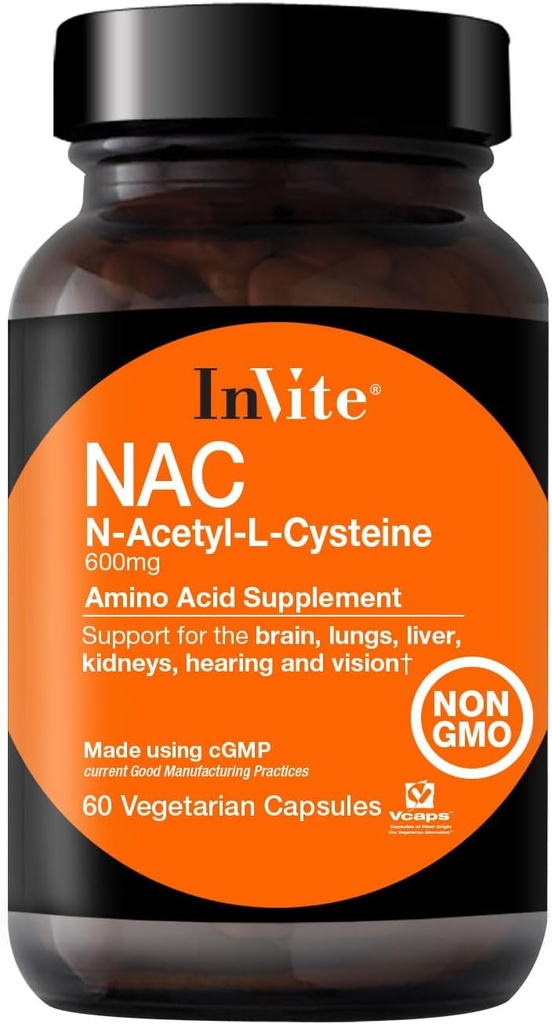 Invite Health N-Acetyl Cysteine (NAC) - Supports Liver and Brain Health - Supplies The Essential Amino Acid L-Cysteine and a Precursor to The Tripeptide Glutathione - 60 Vegetarian Capsules