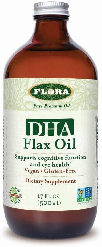Flora DHA Flax Oil - Soportes Cerebro Salud - Contiene Vegan Omega-3-6-9, Sin gluten, Kosher " Non-GMO - Mantén Chilled - Glass Bottle - 17 fl. oz.