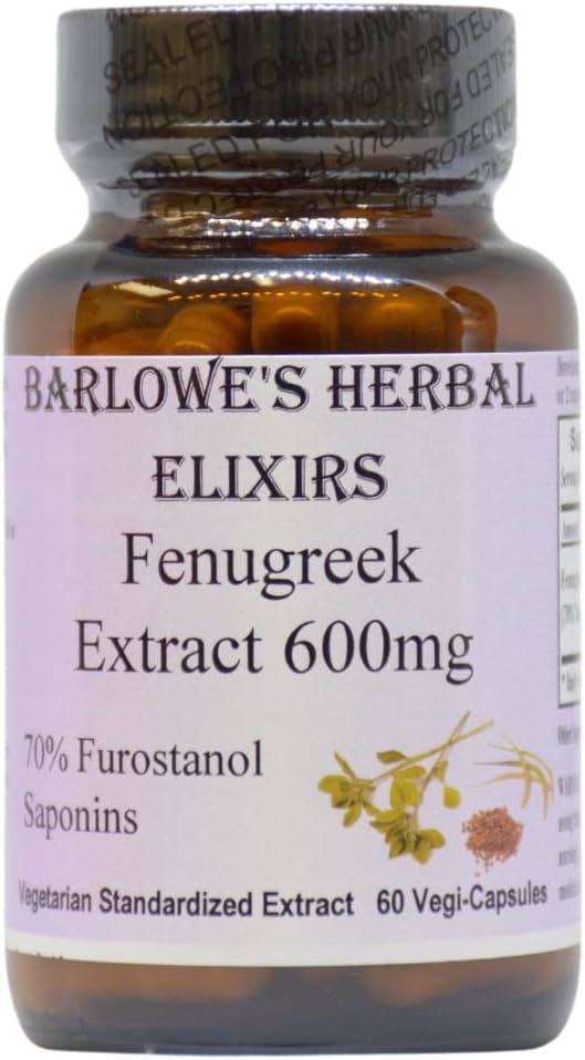Barlowe's Herbal Elixirs Fenugreek Extract ← 70% Furostanol Saponins  600 mg per Capsule ← 60 Vegi-Capsule ← Non-GMO ← Stearate Free ← Glass Bottle