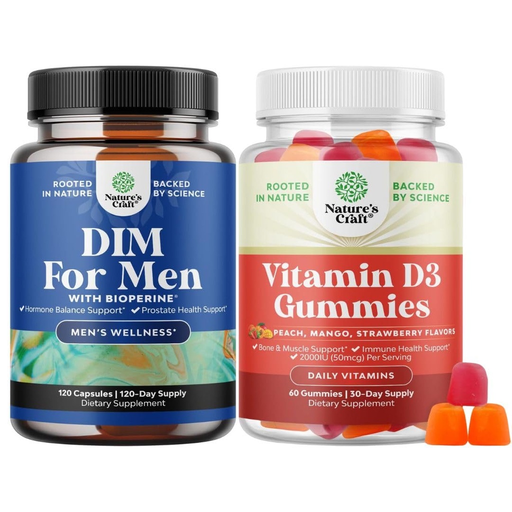 Bundle of DIM Supplement for Men - Diindolylmethane Testosterone Complex with Panax Ginseng Bioperine and Vitamin D3 Gummies for Daily Wellness with 2000IU per Serving Bone Muscle & Immune Support