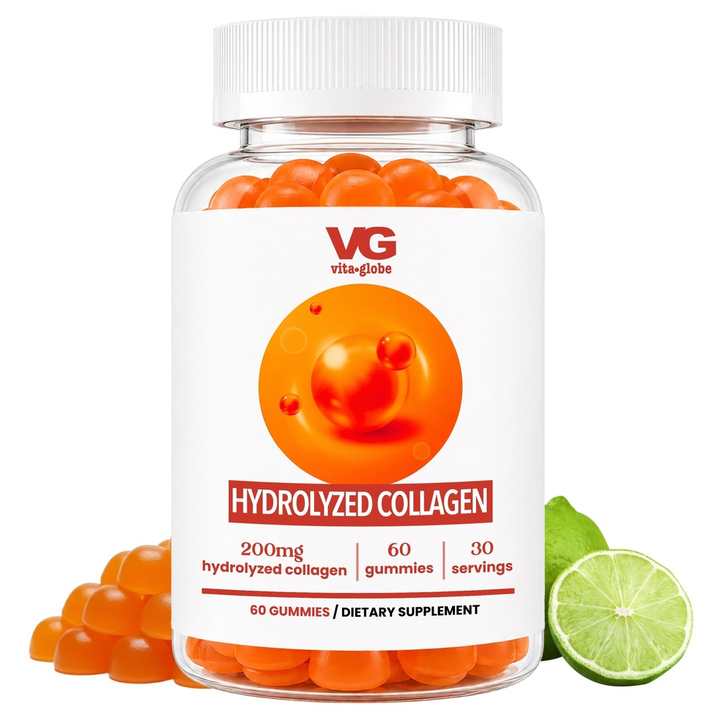 VITA GLOBE Collagen Gummies – 200mg Hidrolyzed Collagen Tipos I, II, III, V &amp; X tención soporta el cabello, la piel, las uñas, las articulaciones &amp; los huesos  durable Belleza &amp; Wellness Suplemento para Hombres - 60 Cuenta (Pack of 1)