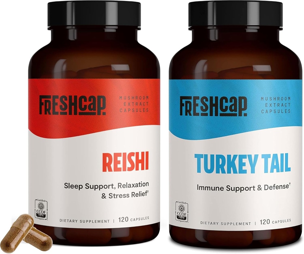 FreshCap Mushrooms Wellness Duo: Reishi 14,000mg para la longevidad + Turquía Tail 10,000mg para la salud digestiva e inmunitaria – 120 cápsulas cada uno