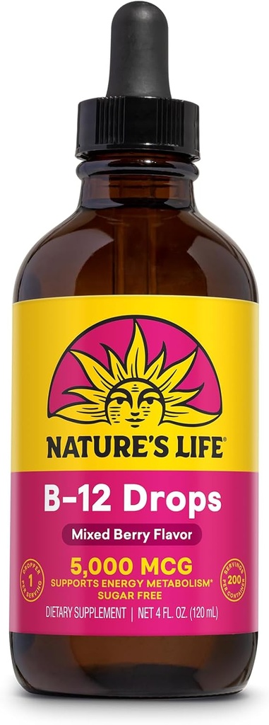 La vida de la naturaleza B12 cae 5000 mcg - Vitamina B12 Metilcobalamina - Líquido B12 Suplemento para el metabolismo energético, función del nervio y la célula de sangre roja Apoyo a la baya mezclada natural, azúcar libre (200 Serv, 4oz)