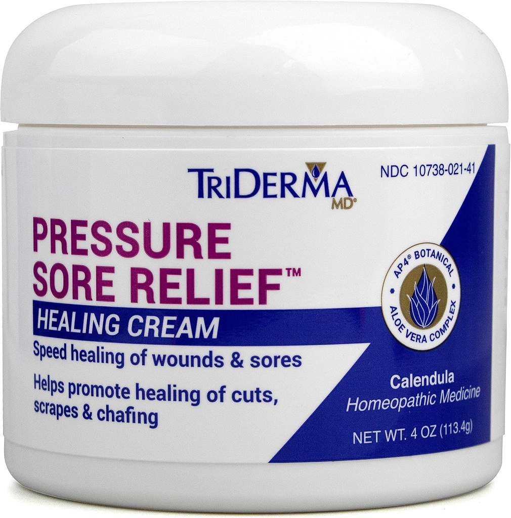TriDerma MD Pressure Sore Relief Healing Cream for Bed Sores Treatment, Ulcers, Pressure Sores, Wound Healing, Chafed Skin and Hard-to-Heal Skin Sores with Calendula and AP4 Aloe, 4 oz Jar