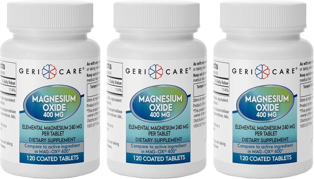 GeriCare Magnesium Oxide Suplemento 240 mg de Magnesio Elemental, 120 Tabletas, Apoyo Mineral Esencial, Promueve la Salud Vascular, Fuerza de Hueso y Función del Musculo (Pack of 3)