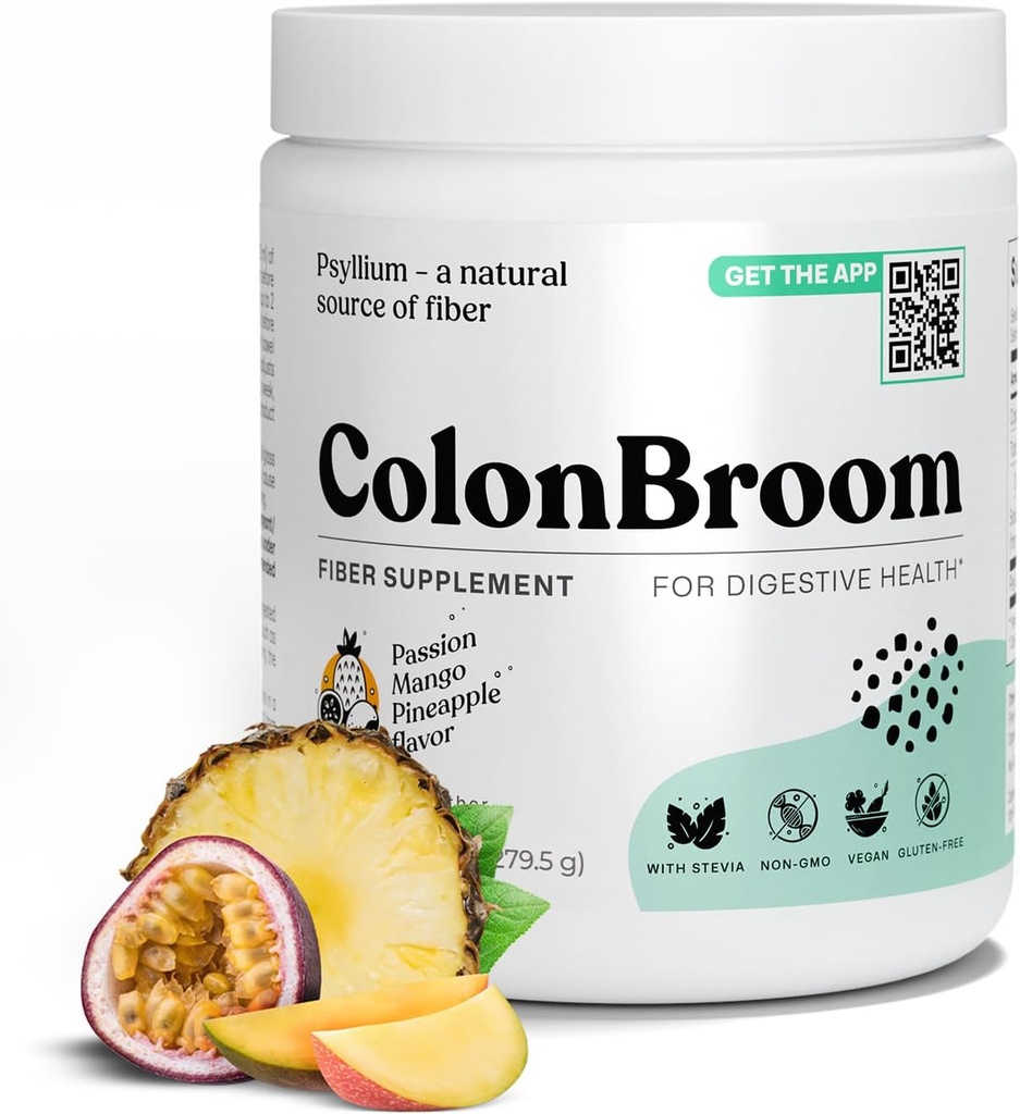 ColonBroom Psyllium Husk Powder con Stevia (frutas tropicales) - Colon Cleanse for Bloating Relief & Gut Health - Colon Broom Fiber Powder Drink - Vegan Fiber Powder Stevia Supplement, 50 Servings