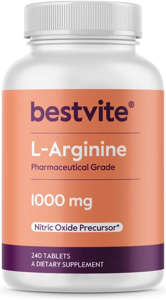 BESTVITE L-Arginine 1000mg por Tablet (240 Tablets) – Grado farmacéutico – Contiene 20% más Arginina pura Comparada con Arginina HCl – Precursor de óxido nítrico*