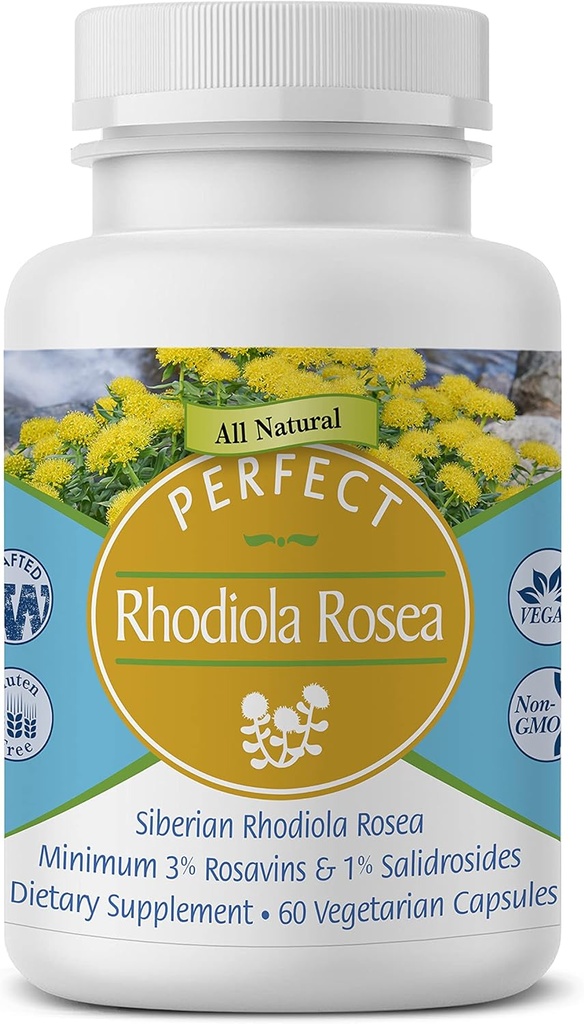 Suplementos perfectos Rhodiola Rosea, para un mejor enfoque, energía y estrés Alivio, Optimal 3% Rosavins a 1% Salidroside Ratio, a Natural Adaptogen ~60 Vegetable Capsules
