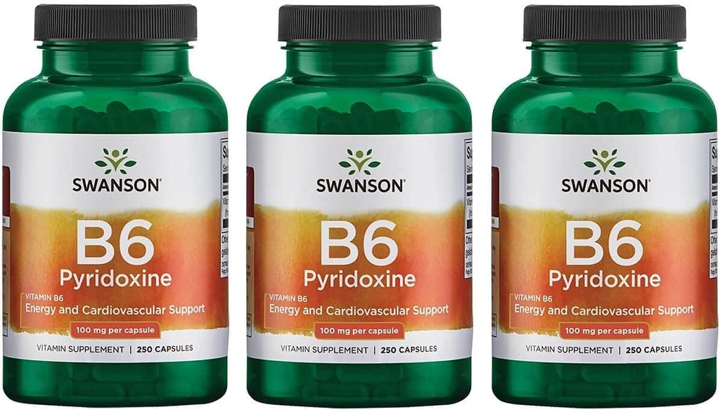 Swanson B6 Pyridoxina - Suplemento de vitaminas Promoción de la salud cardiovascular y el metabolismo energético - Formula natural Promoción de la Wellness general - (250 cápsulas, 100 mg cada uno) 3 Pack