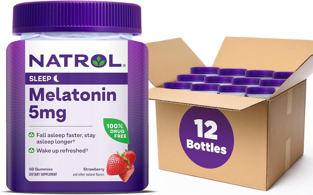 Natrol 5mg Melatonin Gummies, Sleep Support for Adults, Melatonin Supplements for Sleeping, 60 Strawberry-Flavored Gummies, 30 Day Supply (Pack of 12)