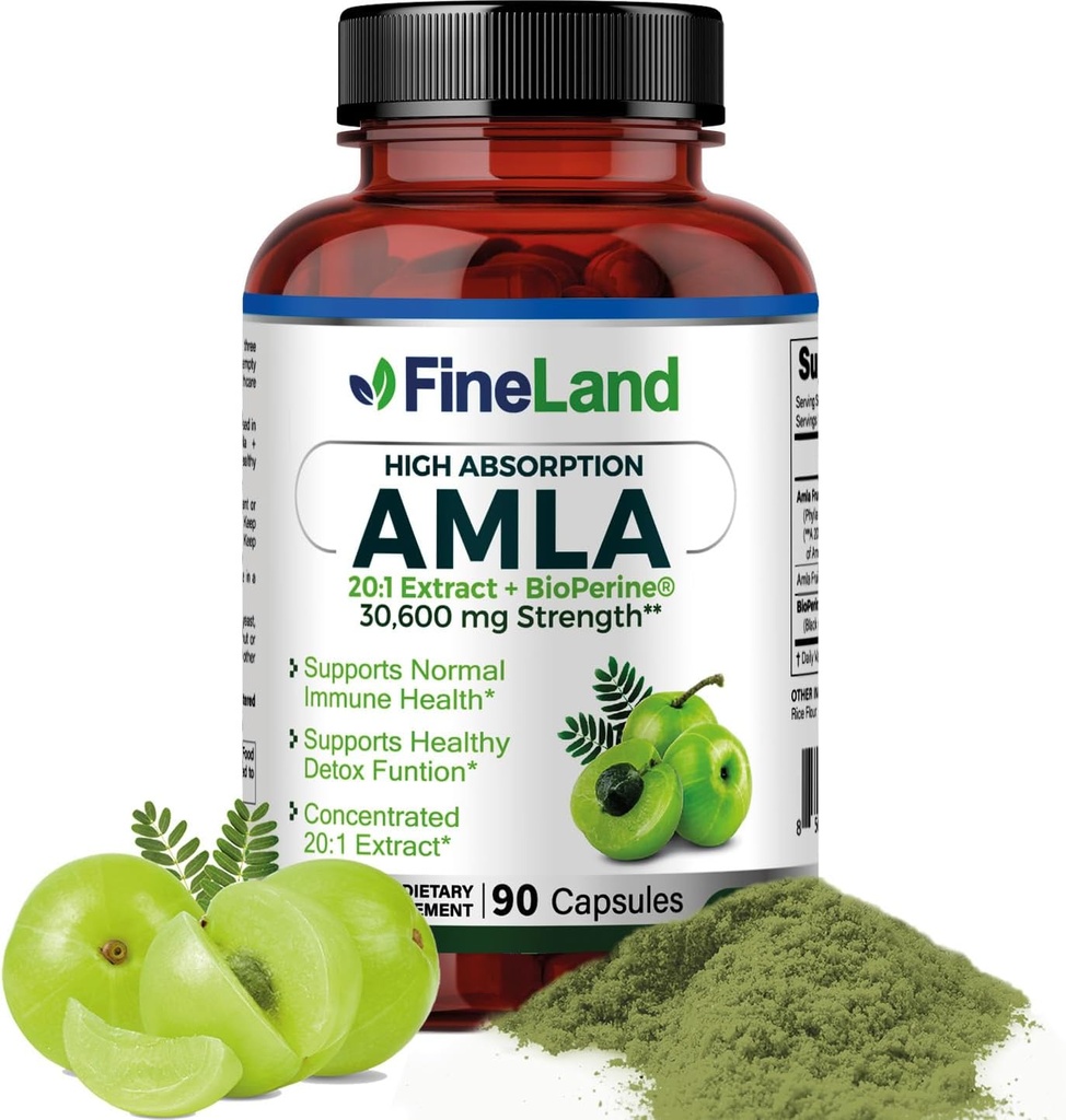 FineLand Amla (Gooseberry indio) 20X Extracto completo del espectro – 30,600 mg Equivalente por Servir con BioPerine® para la Absorción, Rico en vitamina natural C, Immune &amp; Digestive Support – 90 cápsulas Vegan