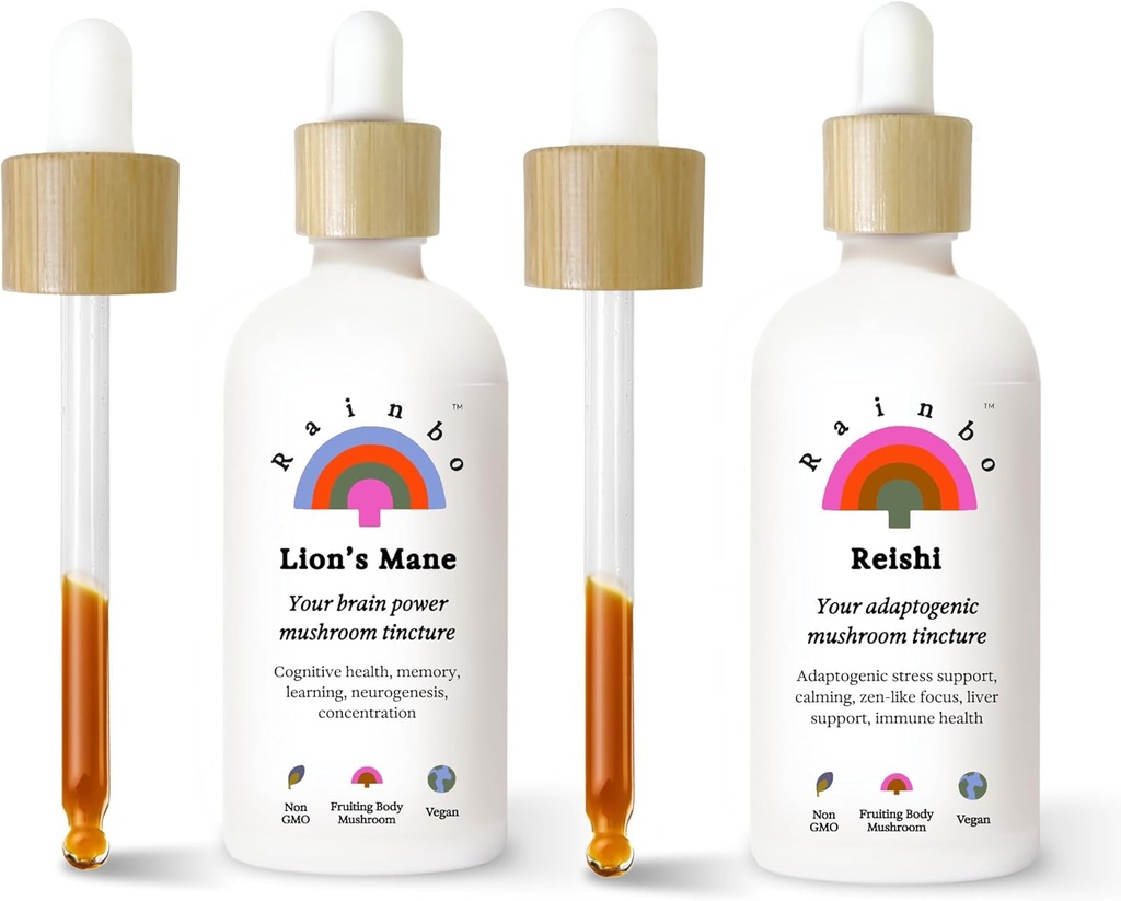 Rainbo Brain Health Bundle, Lion's Mane Mushroom Extracto + Reishi Mushroom Tintura, Doble Extracto Diaria de Mushroom Tinturas para el soporte integral de inmunológico, Vegan Liquid Mushroom Suplementos
