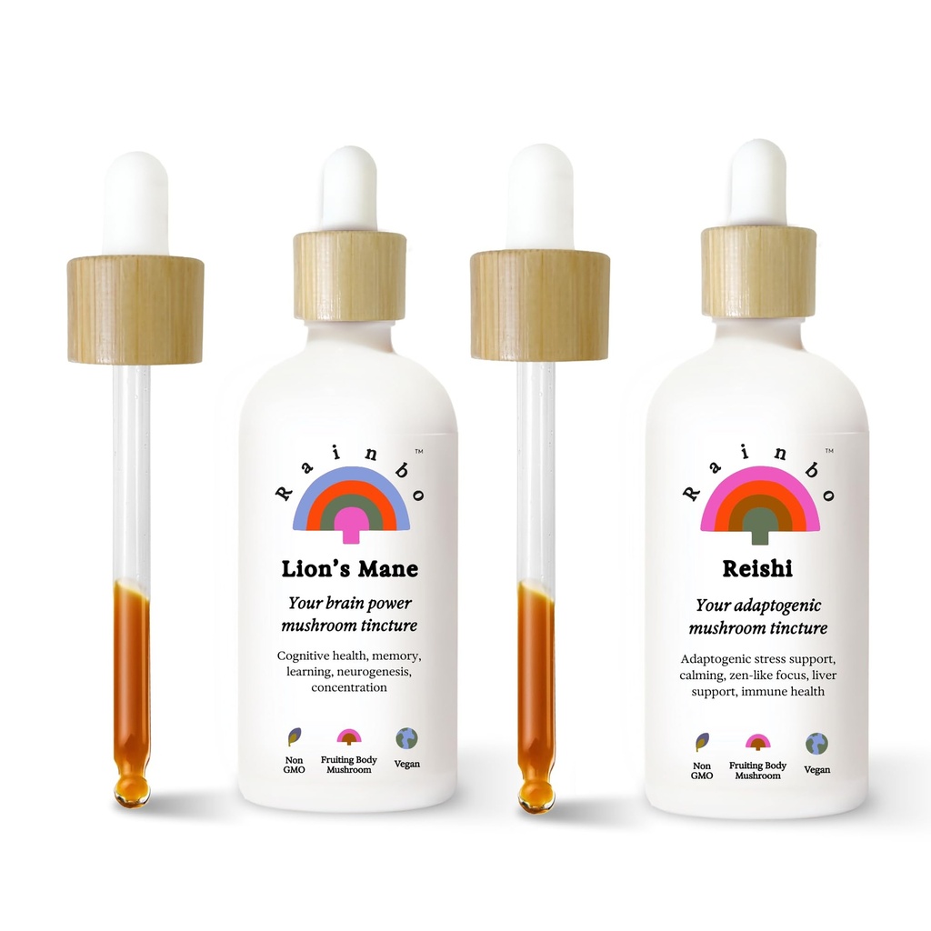 Rainbo Brain Health Bundle, Lion's Mane Mushroom Extracto + Reishi Mushroom Tintura, Doble Extracto Diaria de Mushroom Tinturas para el soporte integral de inmunológico, Vegan Liquid Mushroom Suplementos