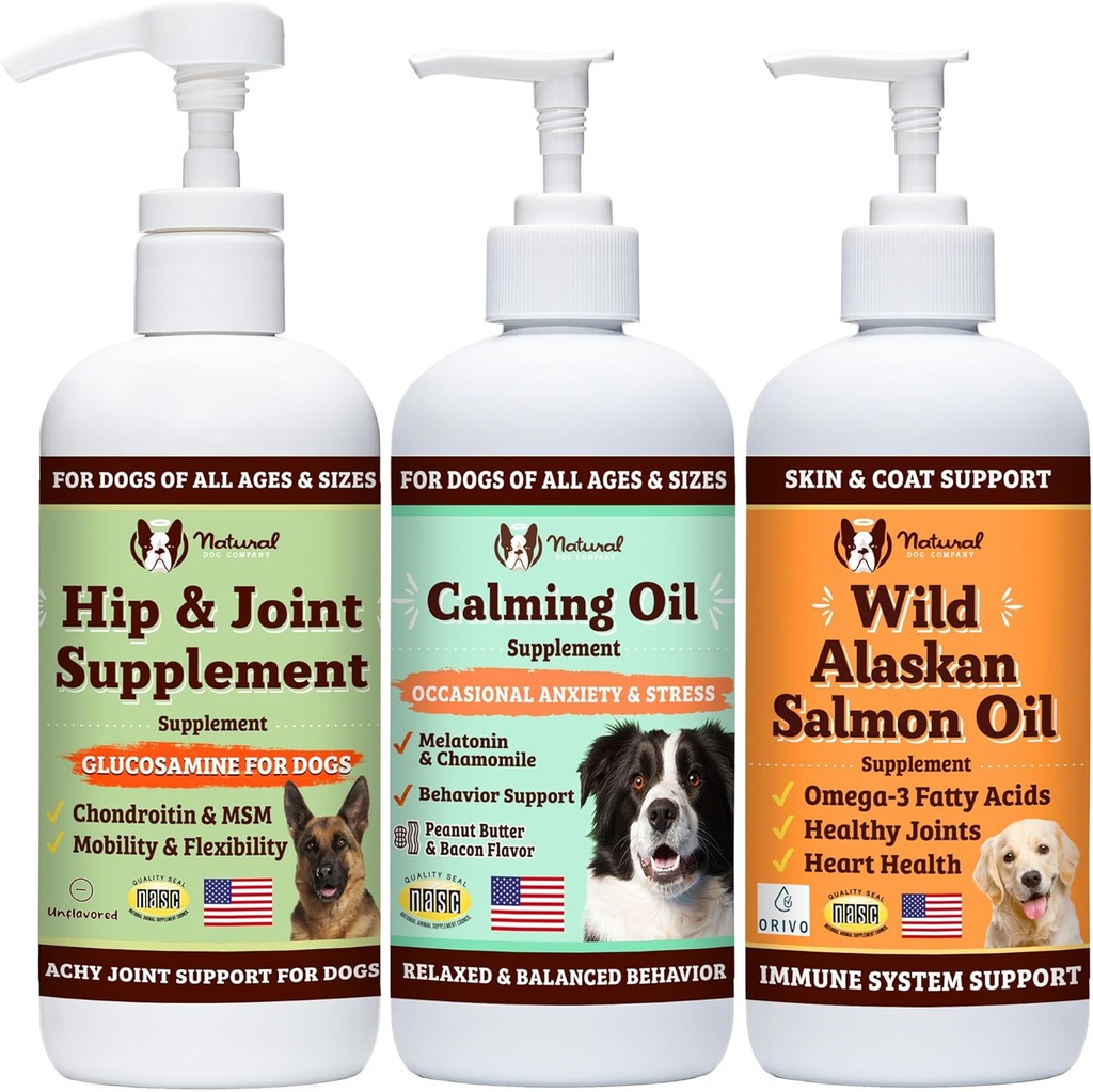 Natural Dog Company Wellness Bundle Food Oil Toppers Incluye (1) Wild Alaskan Salmon Oil, (1) Liquid Glucosamine, (1) Calming Oil