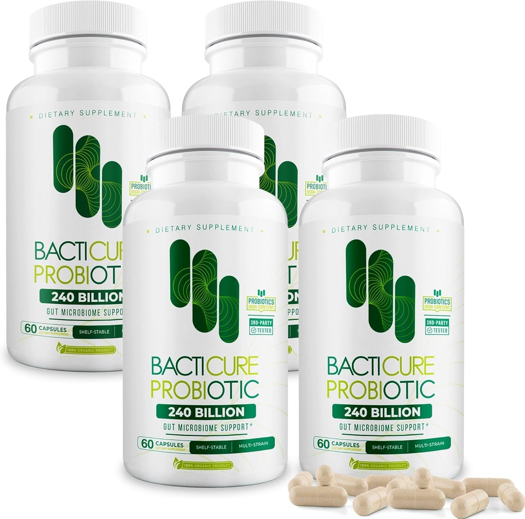 Bacticure Probiotic 240 Capsules | Probiotics Supplement w/High CFU Formula for Men & Women | Prebiotics & Digestive Enzymes for Digestion & Gut Health, Vaginal Health, Colon Cleanse, Immune Support