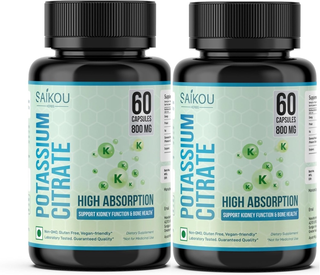 Citrato de potasio 800 mg Suplemento de Potasio de Alta Absorción - 120 Serviciones Apoya Equilibrio de Electrolitos, Riñón y Salud de Hueso (2)