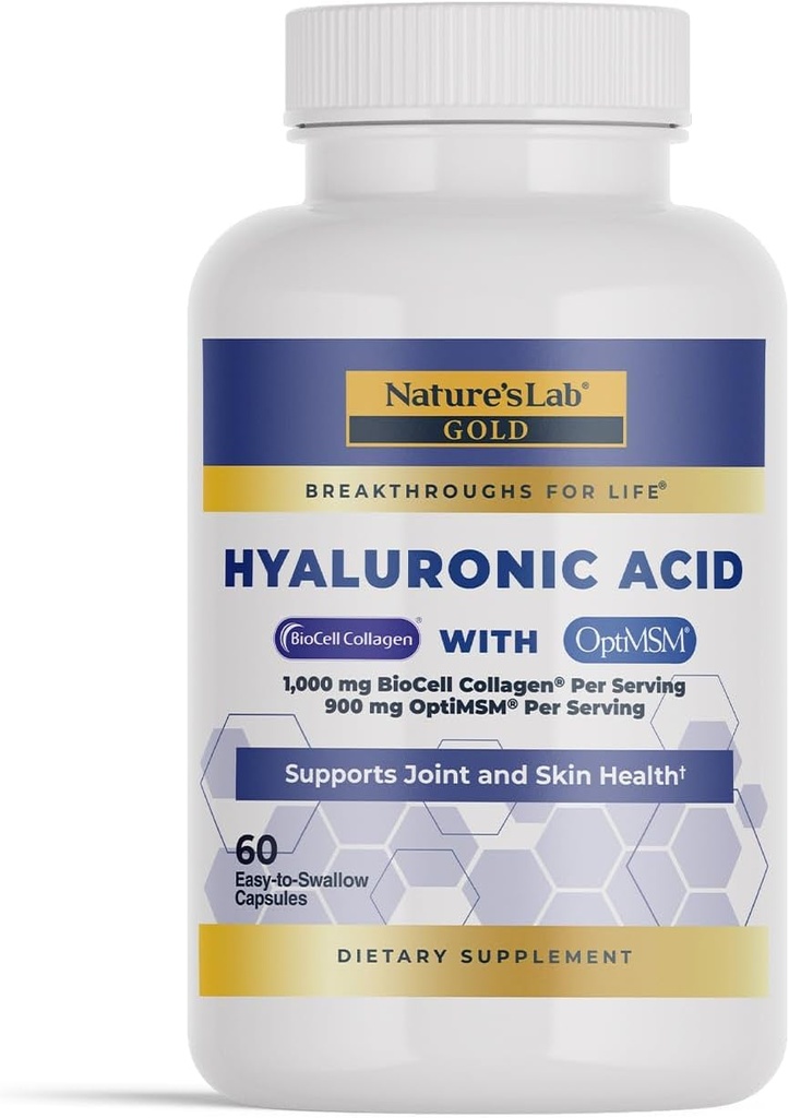 Ácido hialurónico de laboratorio natural con colágeno de biocelular y MSM - Hidratación de piel, salud conjunta - 60 cápsulas (20 fuente de día)
