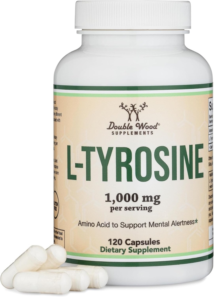 L-Tyrosine 1000mg por Serving, 120 Veggie Capsules (L Tyrosine Supplement for Memory, Atención y Focus) Amino Acid, Vegan Safe, Non-GMO by Double Wood