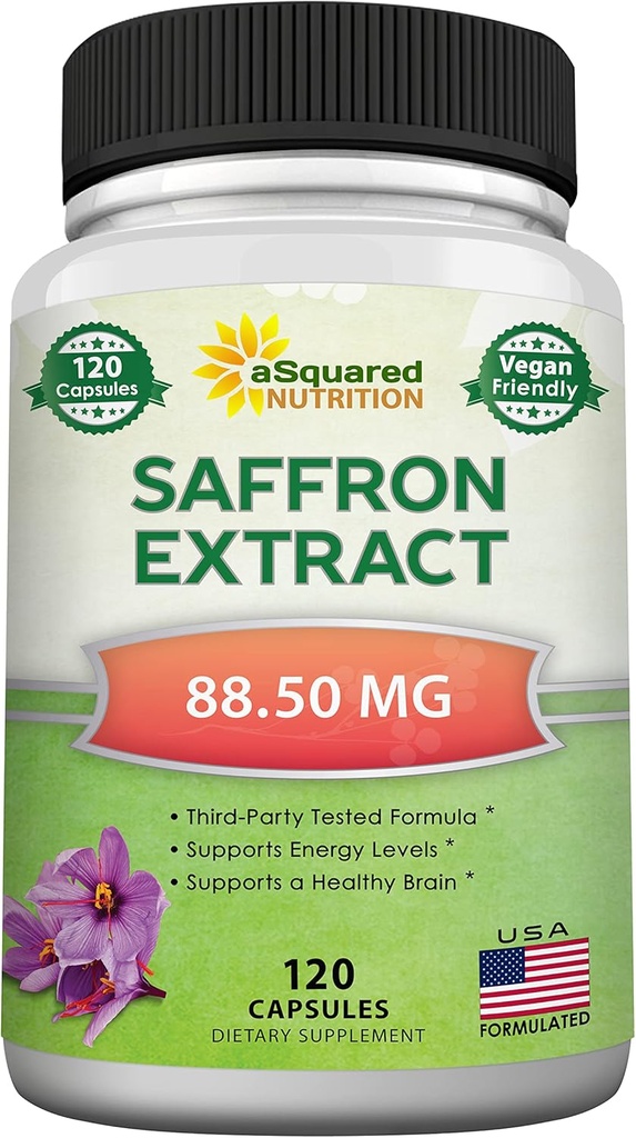 aSquared Nutrition Saffron Supplements - 120 Capsules - Saffron Extract Supplement Pills - Pure Saffron Alternative to Powder, Tea, Threads & Gummies