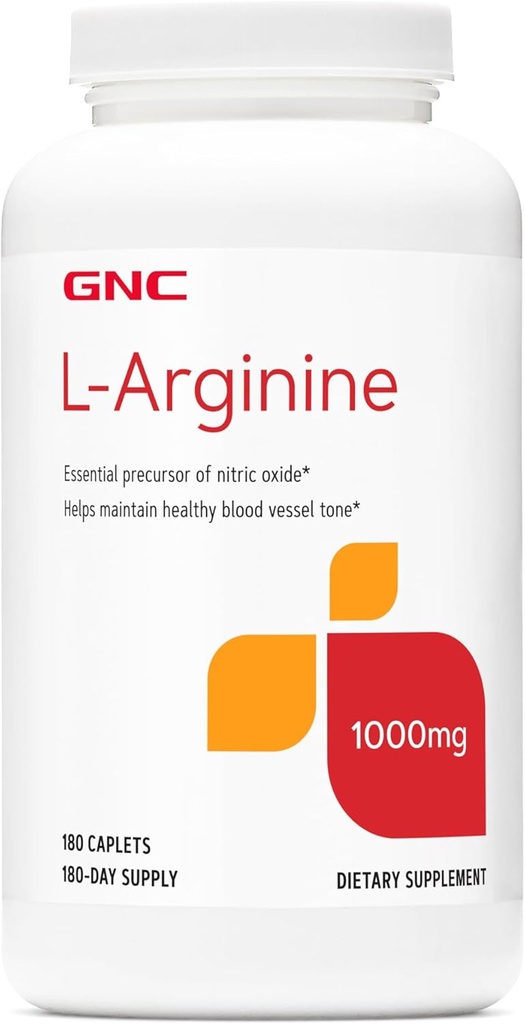 GNC L Arginine 1000mg Supplement, Supports Healthy Blood Vessel Tone, 180 Servings