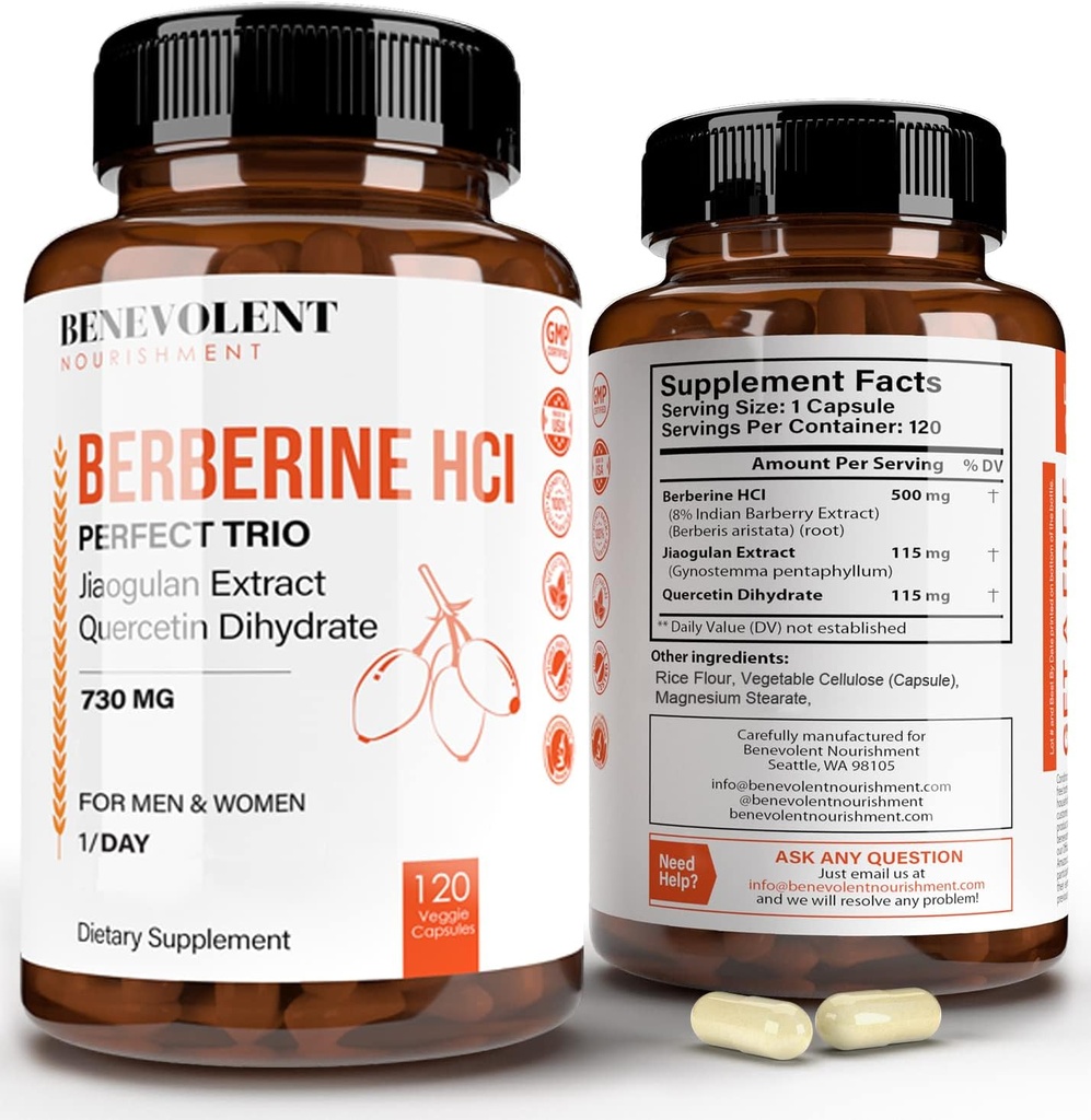 Premium Berberine HCL 730mg - 120 VCAPS Perfect Trio Complex with Non-GMO Jiaogulan &amp; Quercetin