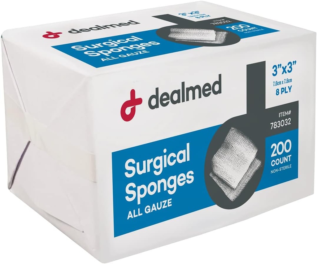 3" x 3" Esponjas quirúrgicas, 8-Ply, Esponjas de Gauze no-Woven Absorbent para el cuidado de heridas, kits de primeros auxilios e instalaciones médicas, 200 Cuenta (Pack of 1)