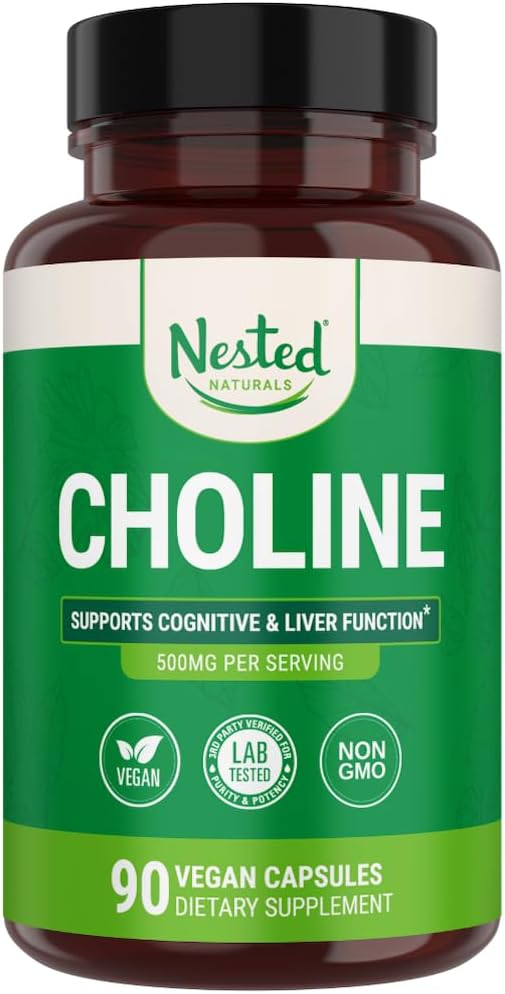 Nested Naturals Choline Bitartrate 500mg - High Potency Choline Supplements - Supports Cognitive Performance " Liver Function - 100% Vegan " Non-GMO Choline - 90 Vegan Capsules