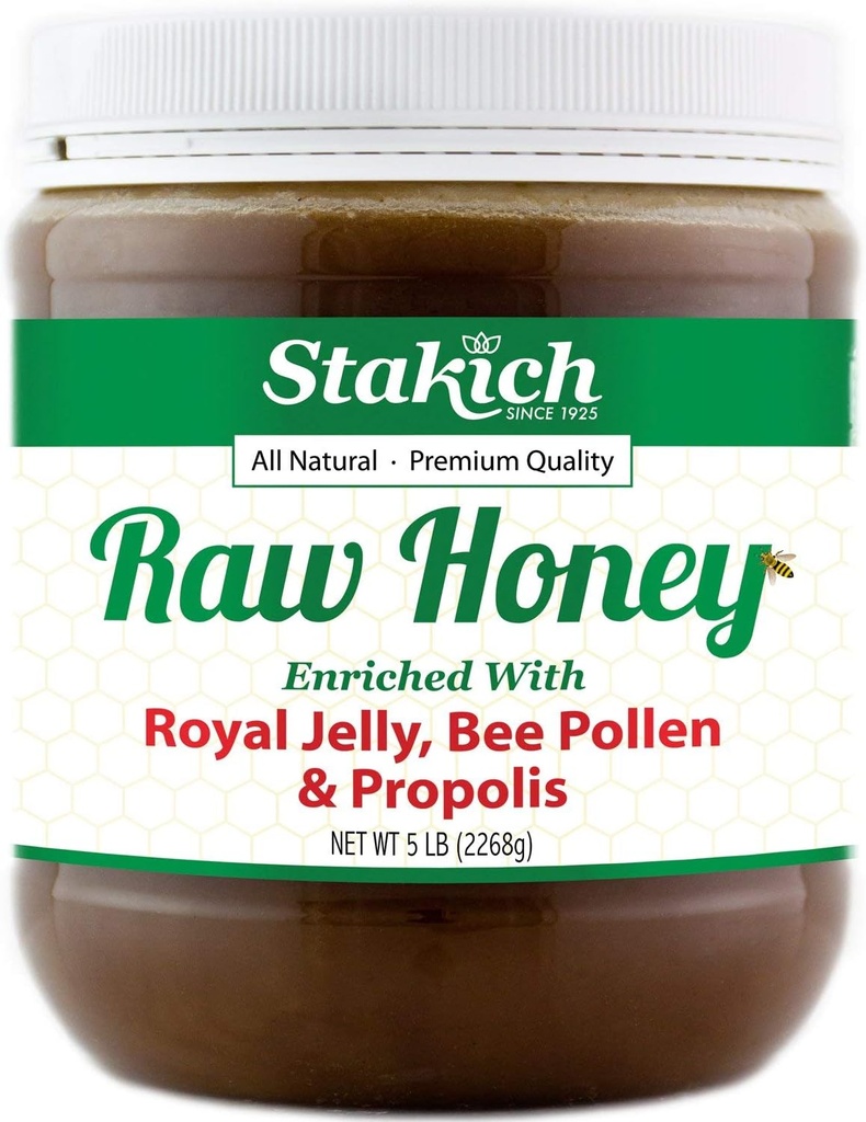 Stakich Royal Jelly, Bee Pollen, Propolis Enriched Raw Honey - Pure, Unprocessed, Unheated - 5 libras (80 onzas)