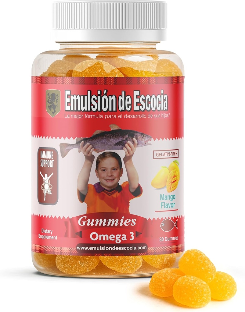 Emulsión de Escocia Omega 3 Gummies para niños – con vitaminas A, D3, ácido fólico + Zinc, hierro y calcio – Mango Flavor con No Fishy Aftertaste – Immune & Liver Support – 30 Gummies  durable 1-Pack