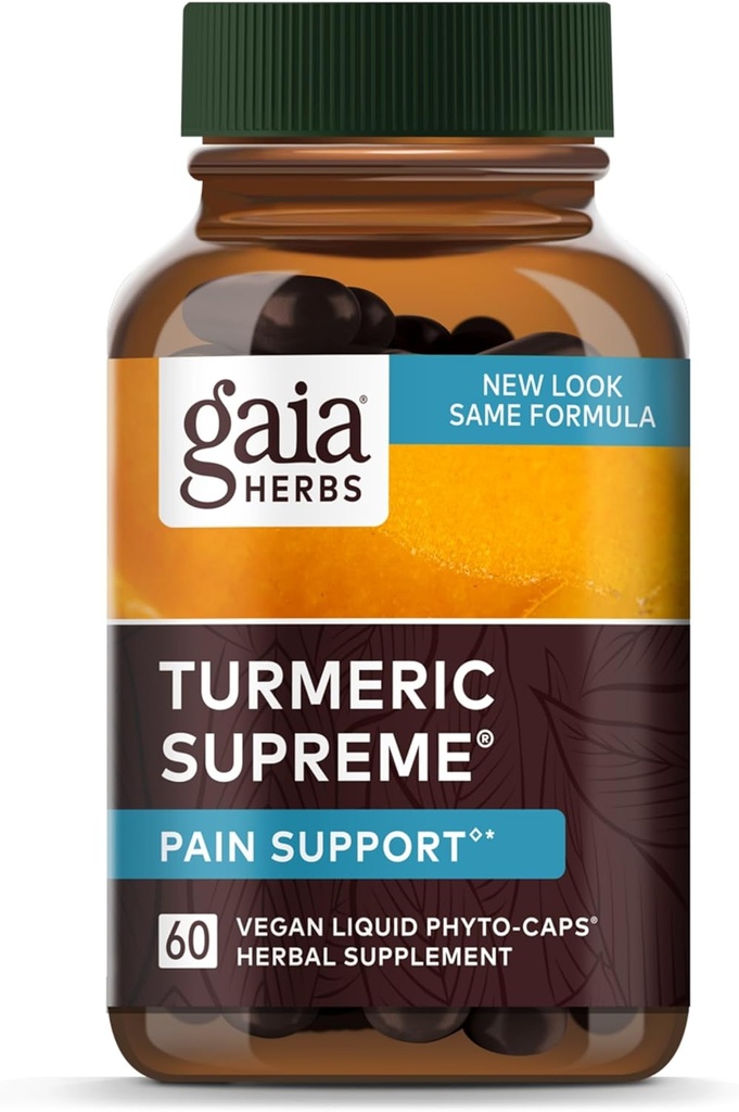 Gaia Herbs, Dolor Supremo Turmérico, Suplemento de Dolor Herbal con Curcuminas, cápsulas líquidas Vegan, 60 Conde