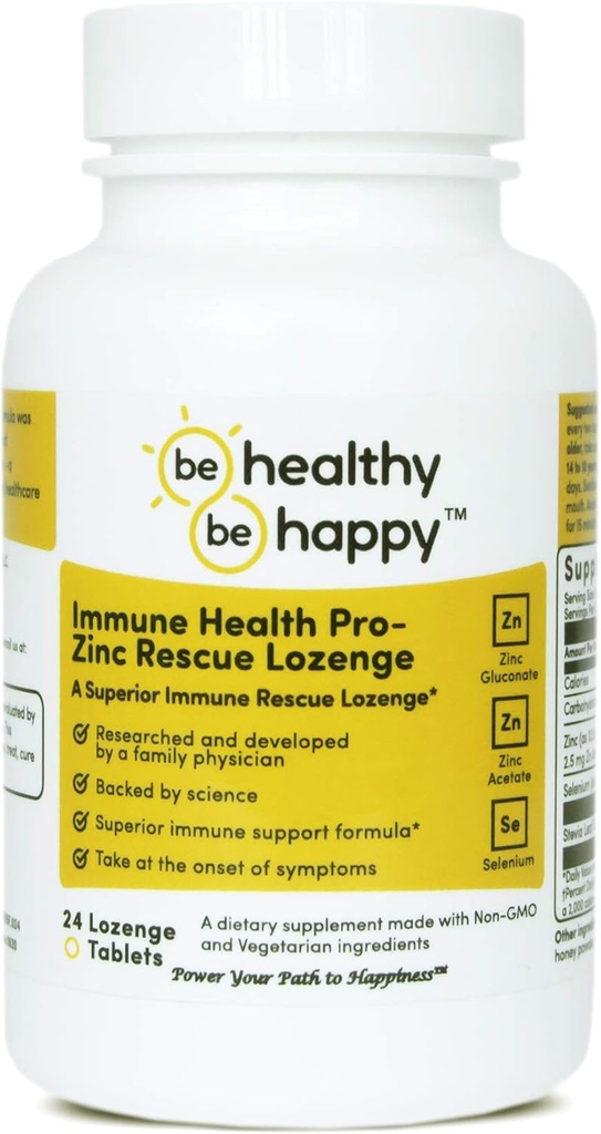 ¡Sé saludable! ¡Sé feliz! Immune Health Pro - Zinc Rescue Lozenge Common Cold Relief Formula & Immune System Support 24 Count.