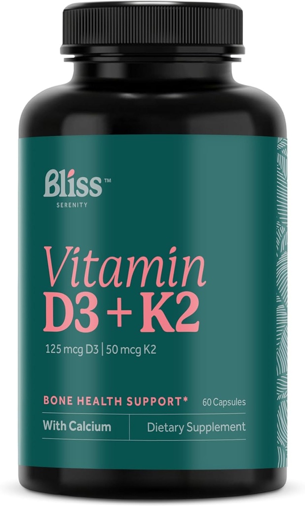 Vitamina D3 K2 - Vitamina D3 5000 UI con vitamina K2 como MK-7, calcio y fósforo para la absorción final - Suplementos de vitamina D, 60 Vávulas, 60 Fuente de Día