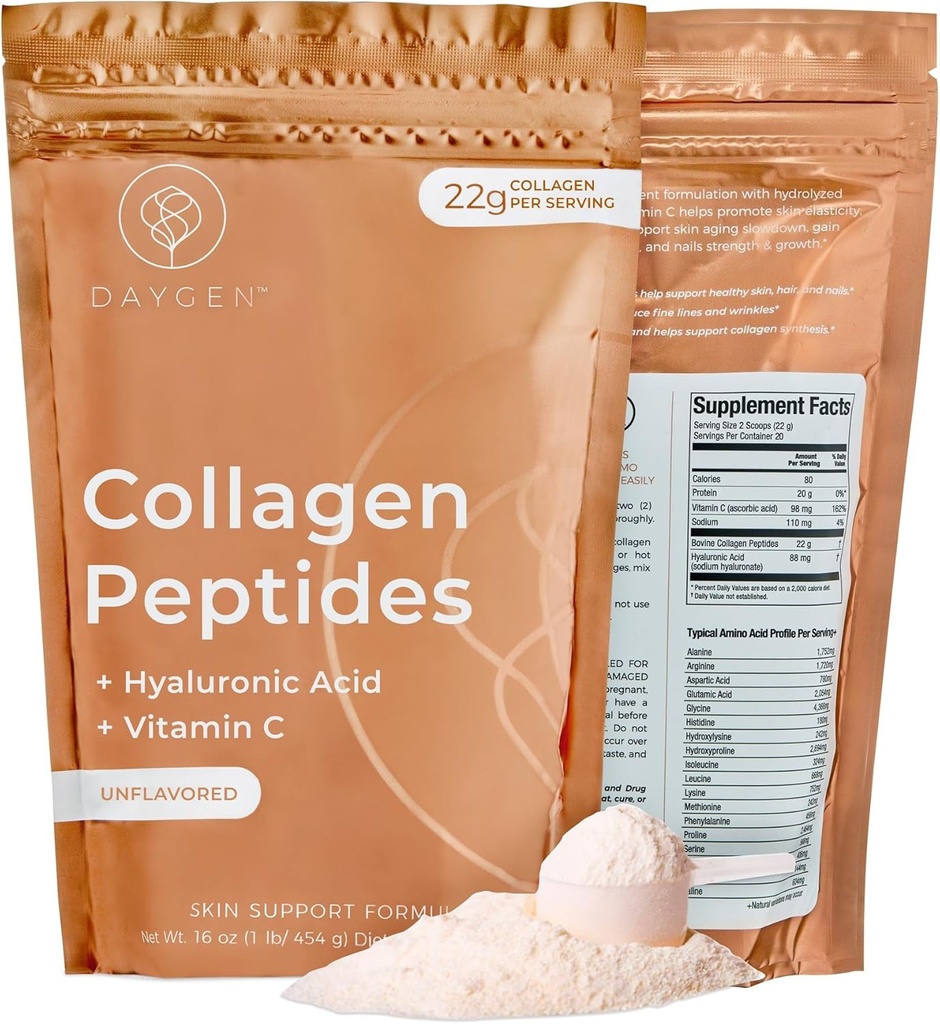 Péptidos de colágeno Polvo con ácido hialurónico y vitamina C, Polvo de colágeno hidrolizado, piel, cabello y uñas Soporte, Collagen de grano para mujeres y hombres, naturalmente Fuentedo, Desarrollado 16 oz