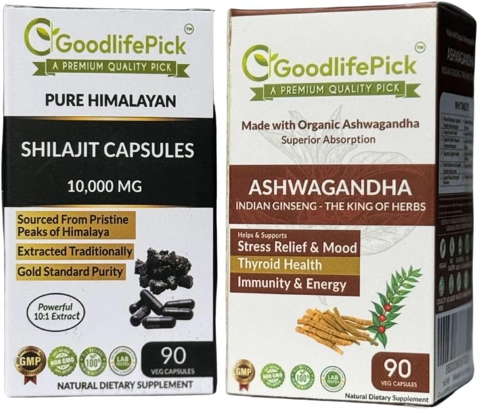 Himalayan Shilajit Capsule & Ashwagandha Capsules Pack of 2. 90+90 ct Gold Standard Premium Quality for Max Benefits. All Natural Non GMO No Rice Powder No Filler No Silicon Dioxide No Stearate