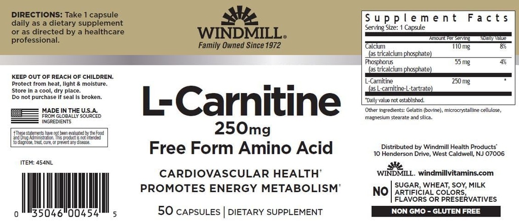 Windmill L-Carnitine 250 mg Capsules 50 Count (3 Pack)