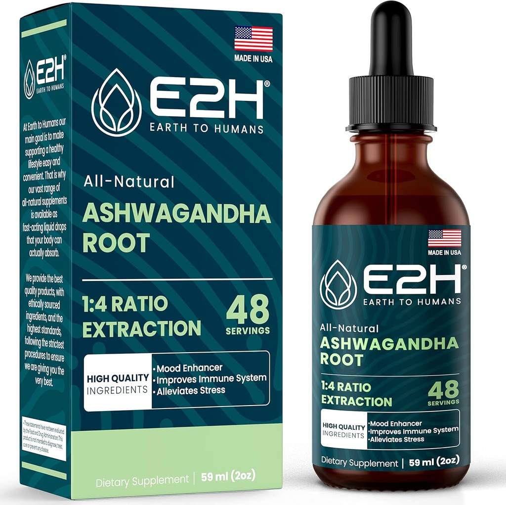 E2H Ashwagandha Liquid Drops - All-Natural Ashwagandha Supplement for Stress Relief and Mood Enhancer- Organic Ashwagandha Root Extract Effective Cortisol Manager ← Non-GMO, Vegan  2 Fl Oz