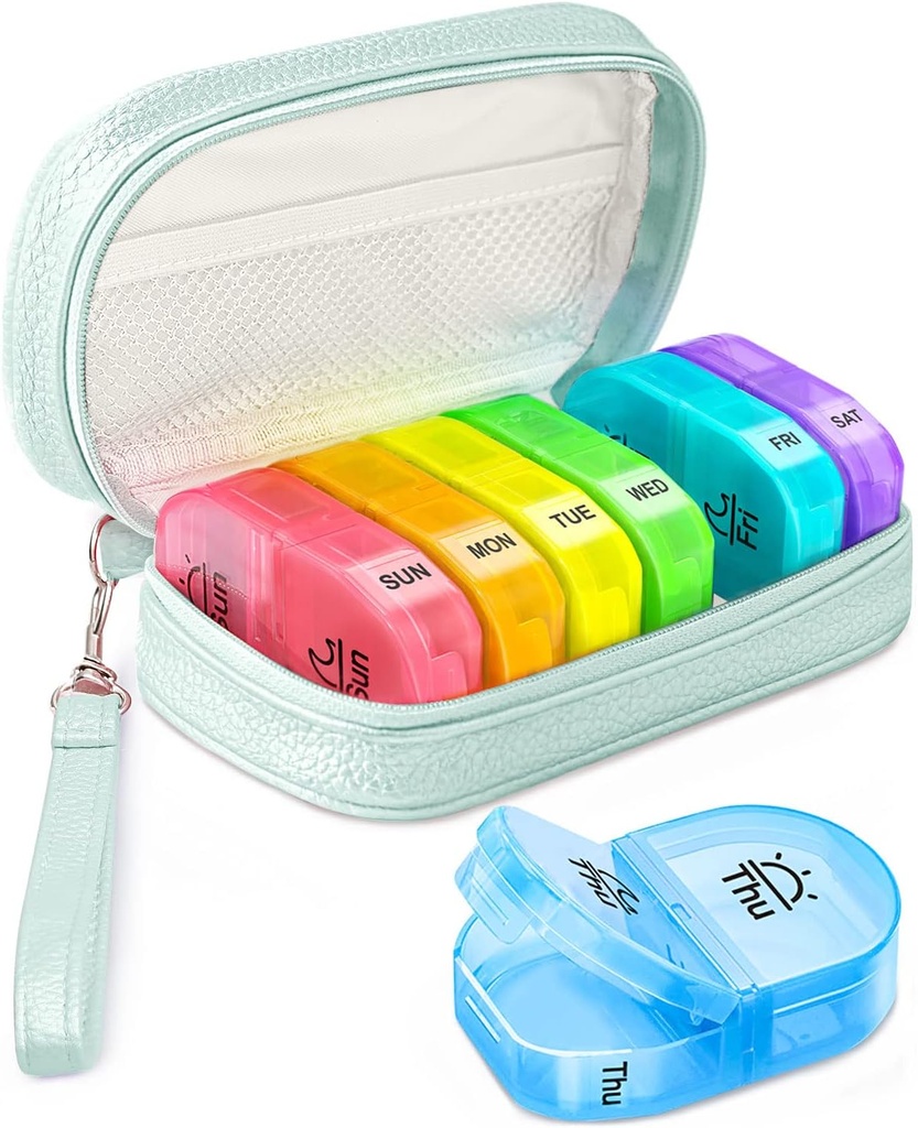Cute Pill Organizer 2 veces al día, PU Leather Pill Case for Women, Portable Weekly Pill Box for Purse with Storage Bag to Hold Vitamins, Medications, Fish Oils, Supplements (Cyan Blue)