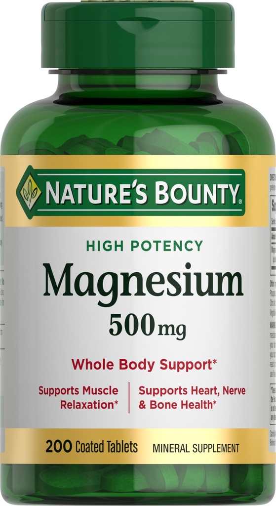 Magnesio de recompensa de la naturaleza 500 mg Tabletas, suplemento de magnesio de alta potencia para la salud ósea y muscular, apoyo corporal completo, 200 Cuenta (Pack of 1)