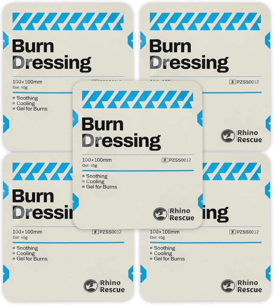 Rhino Rescate 5 Pack 4" X 4" Burn Dressing, Burn Gel Cooling Soothing Cream Relief Burn First Aid Supplies (5)