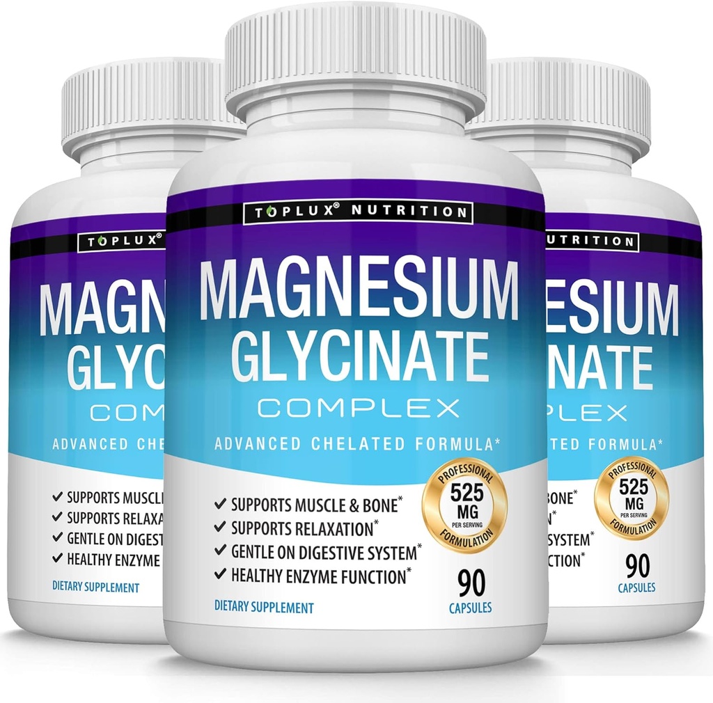 3X Botellas Magnesium Glycinate Complex 525 mg High Absorption 125% DV Chelated - Formulado para la relajación muscular y recuperación, máxima biodisponibilidad, Vegan para hombres mujeres, 90 cápsulas, Toplux