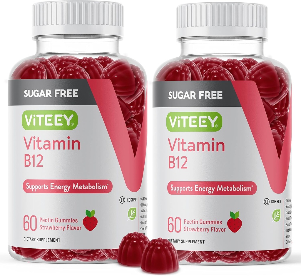 Viteey Vitamina B12 Gummies for Adults &amp; Teens 1000mcg, Sugar Free - Good for Energy, Metabolism, Natural Energy Support - Vegan, Gelatin Free, Gluten Free, GMO Free - Chewable Strawberry Flavored