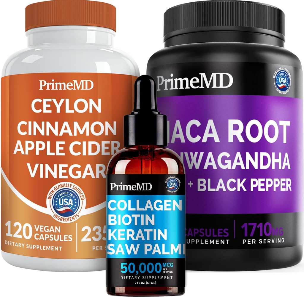 5-in-1 Ceylon Cinnamon (120ct), 4-in-1 Biotin Collagen Keratin Saw Palmetto (2 fl oz - 1 Pack) & 6-in-1 Maca Root Ashwagandha (120ct) Bundle - Energy, Mood, Hair, Skin &amp; Immune Support Supplement
