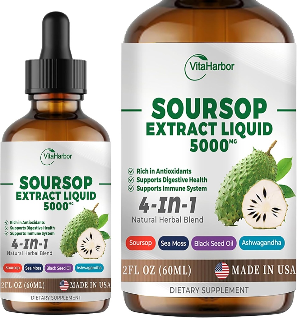 4-en-1 Soursop Bitters Liquid, Soursop Oil with Sea Moss & Black Seed Oil & Ashwagandha, for Immune " Digestive " Cell Support, Sugar-Free ← Non-GMO ANTE Vegan (2 Fl oz) Slightly Sweet Flavor