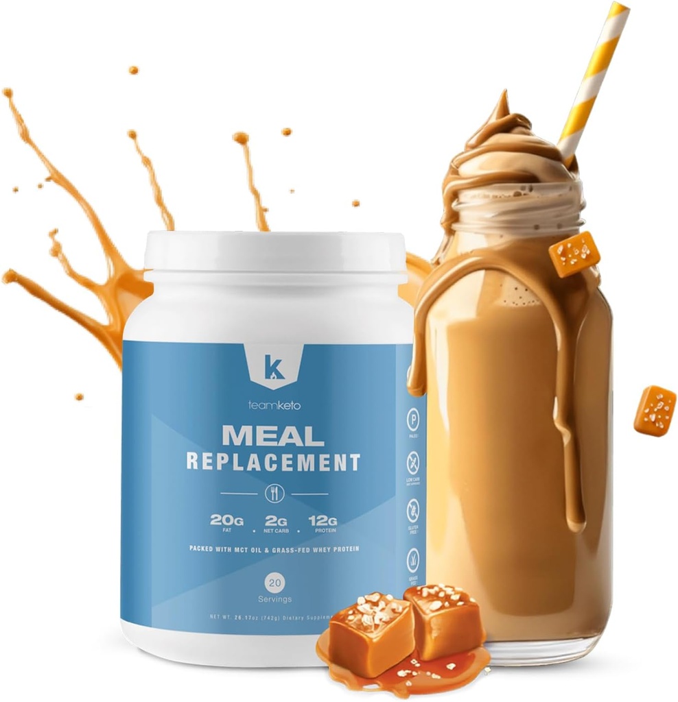 TeamKeto Meal Reemplazo Powder Gluten Free Contiene polvo MCT, aceite de coco, proteína de suero alimentado por hierba en polvo " sabores 100% naturales para el Boost Ketosis- Carbs bajos " Energy Boost- 742g- Salted Caramel